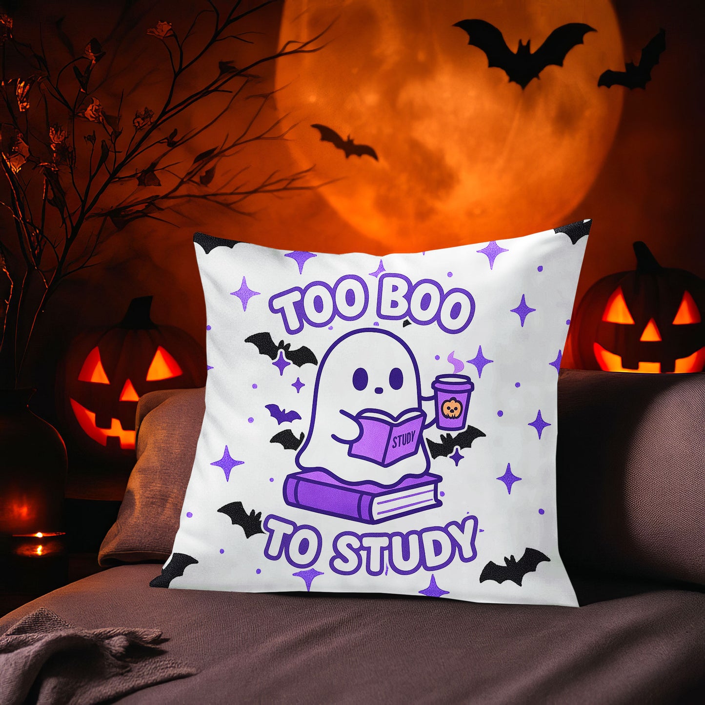Ghost Meme Throw Pillow — Too Boo To Study