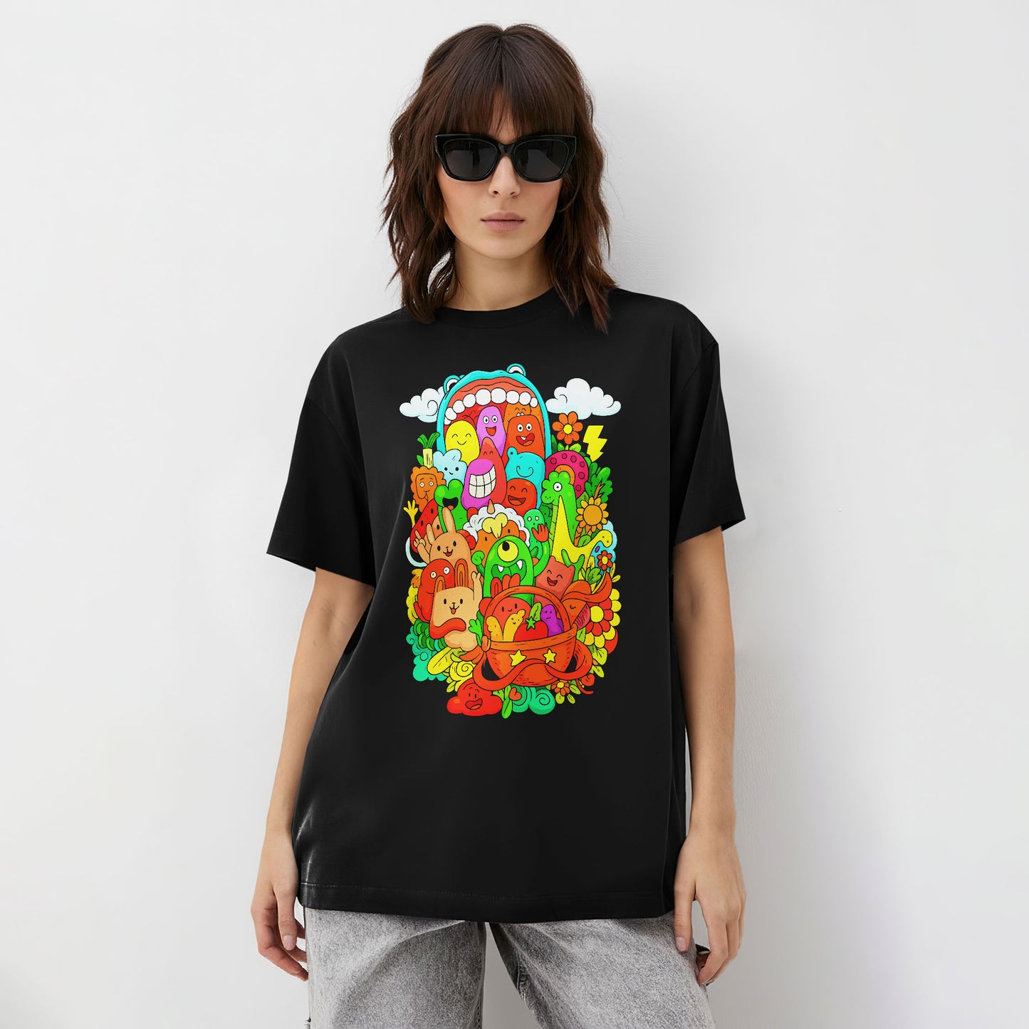 Colorful Doodle Farm Friends Unisex Graphic T-Shirt