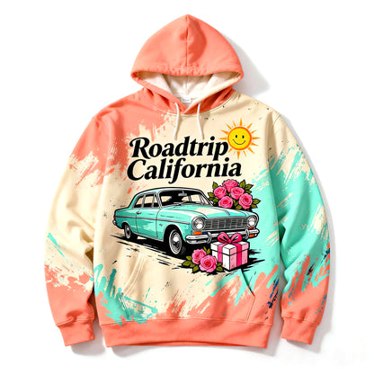 Road Trip California Retro Car Pastel Streetwear Cozy Vintage Style Hoodie