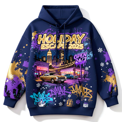 Holiday Escape 2025 Retro Car Neon City Streetwear Hoodie
