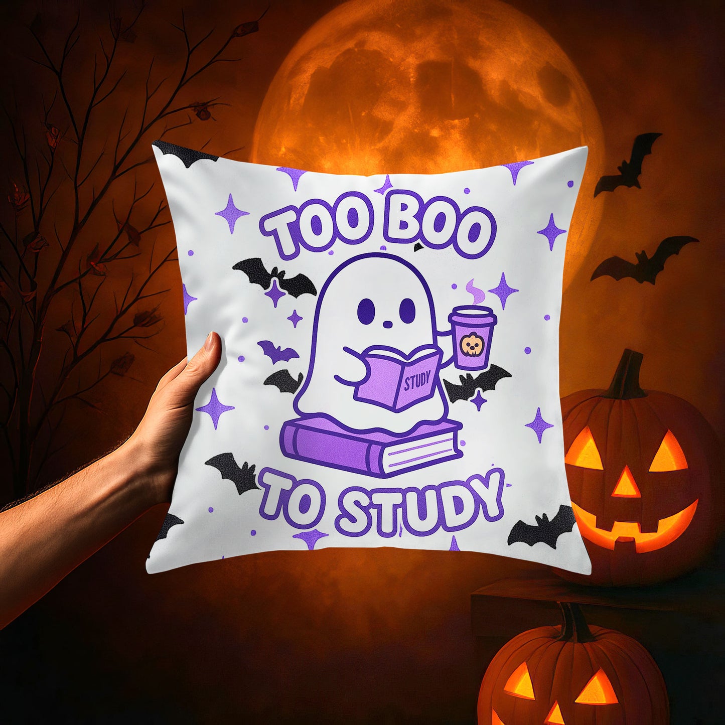 Ghost Meme Throw Pillow — Too Boo To Study