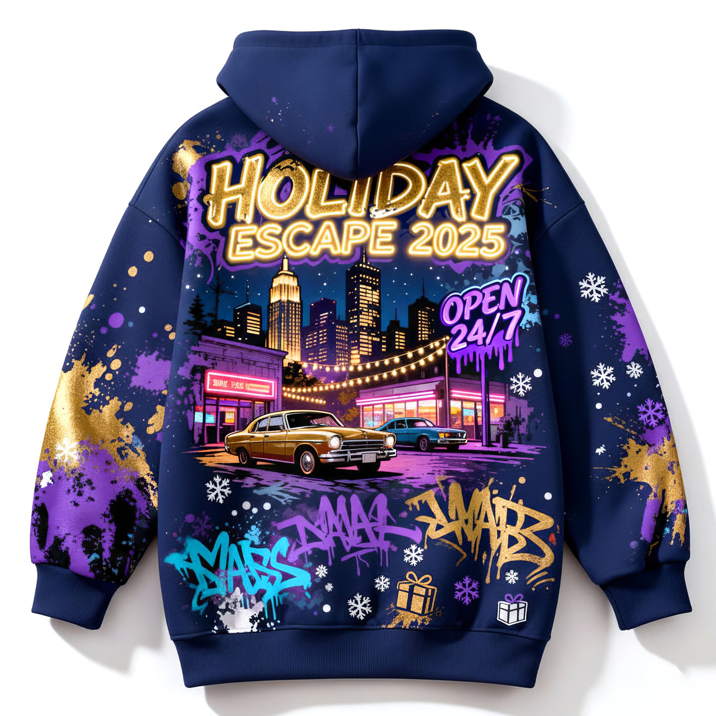 Holiday Escape 2025 Retro Car Neon City Streetwear Hoodie