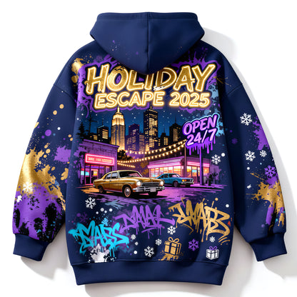Holiday Escape 2025 Retro Car Neon City Streetwear Hoodie