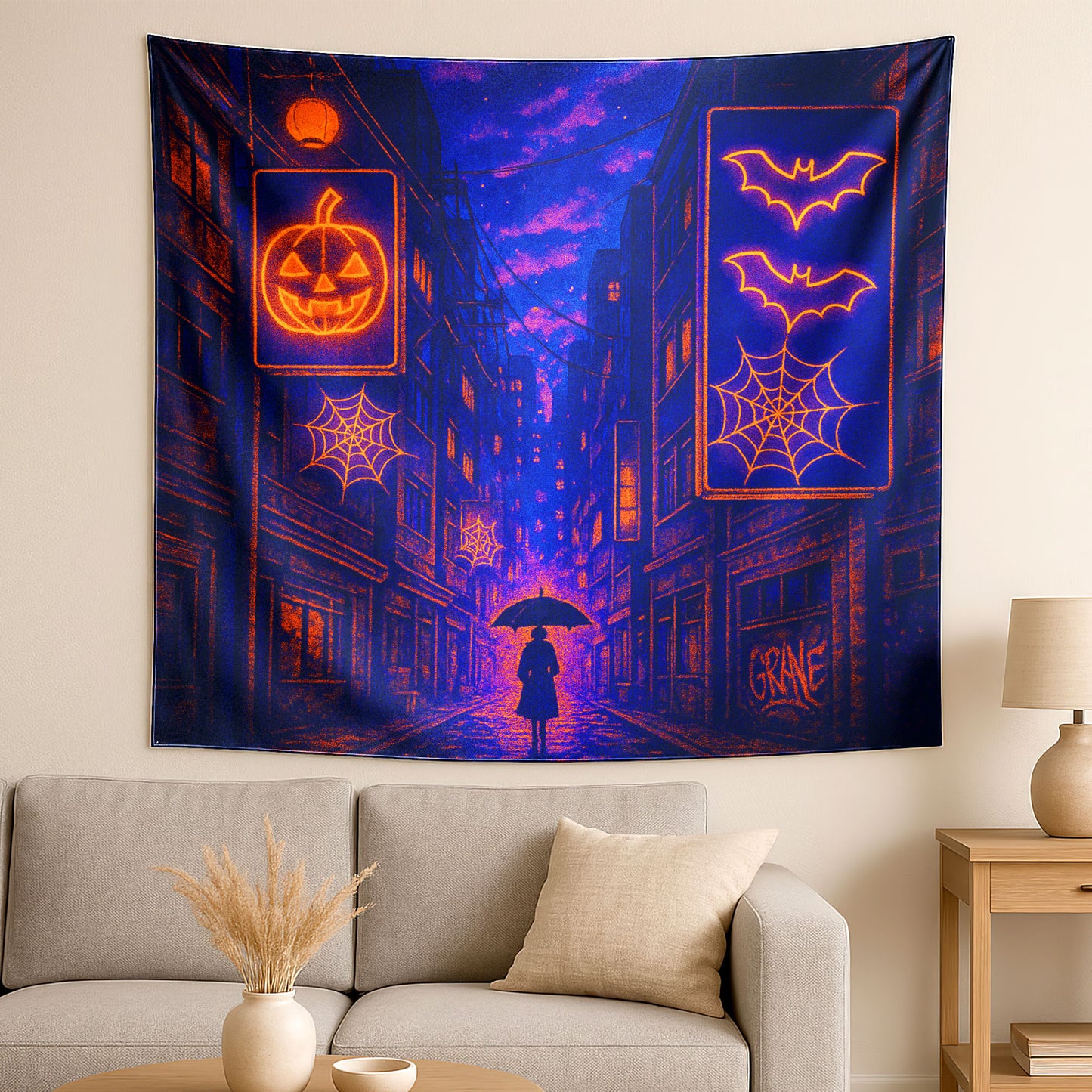 Neon Haunted Streets Tapestry — Tokyo After Dark