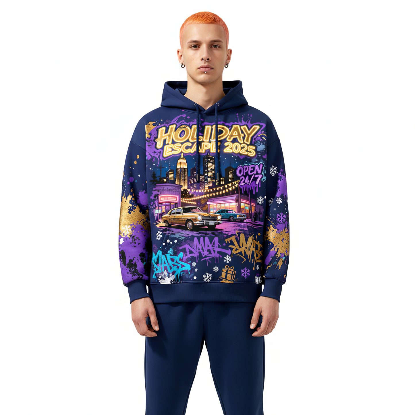 Holiday Escape 2025 Retro Car Neon City Streetwear Hoodie