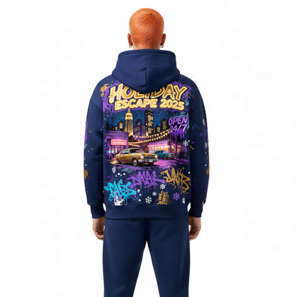 Holiday Escape 2025 Retro Car Neon City Streetwear Hoodie