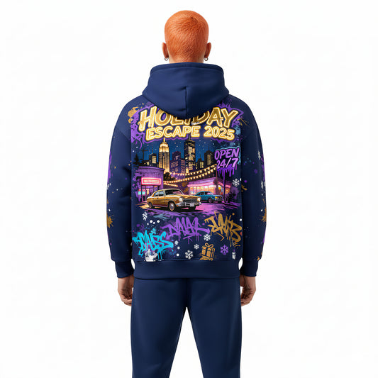 Holiday Escape 2025 Retro Car Neon City Streetwear Hoodie