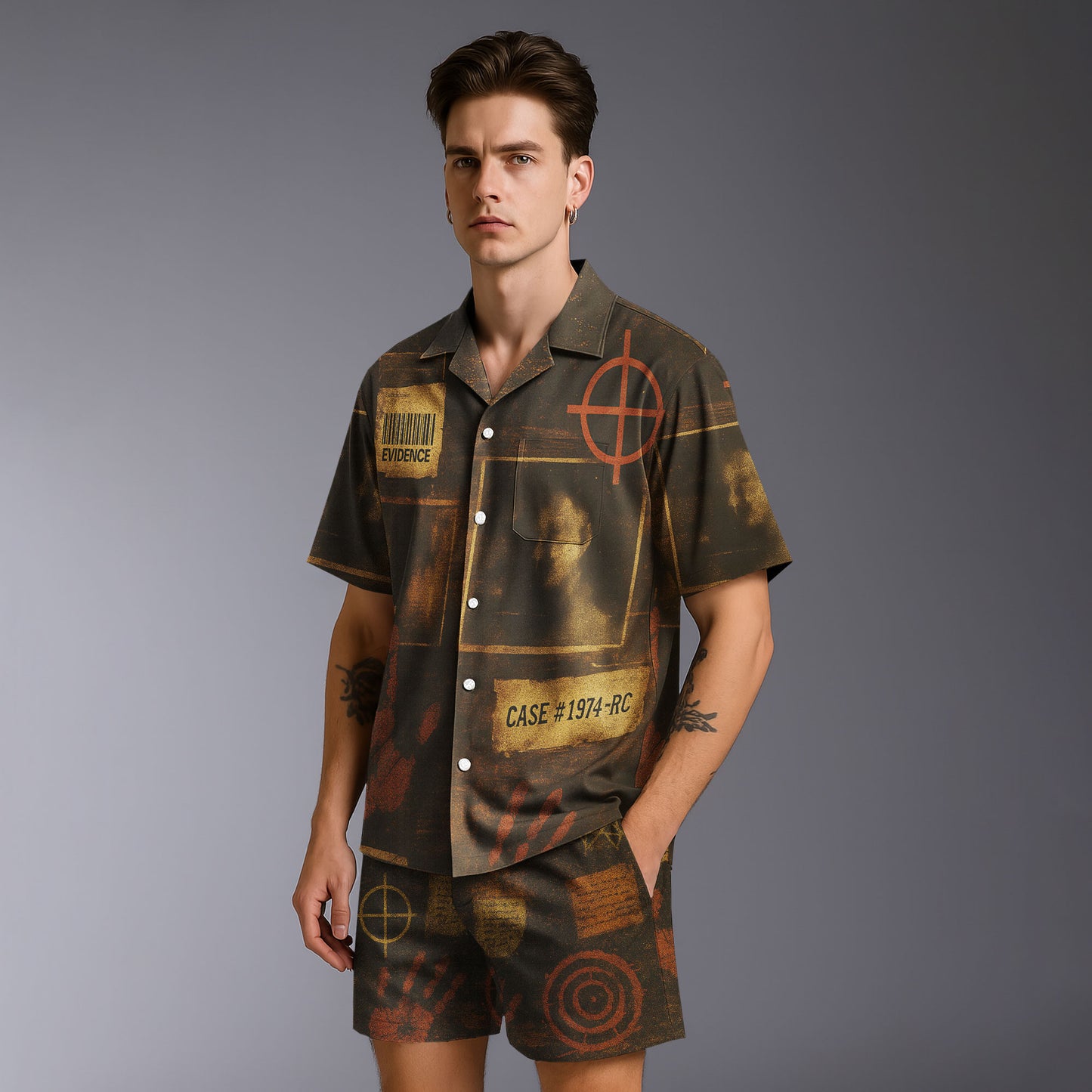 Retro Crime Scene Hawaiian Shirt & Shorts Set