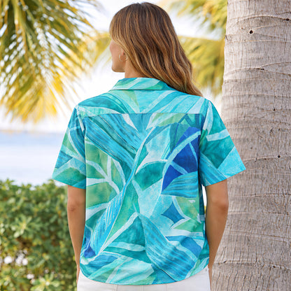 Aqua Tropical Leaf Hawaiian Shirt