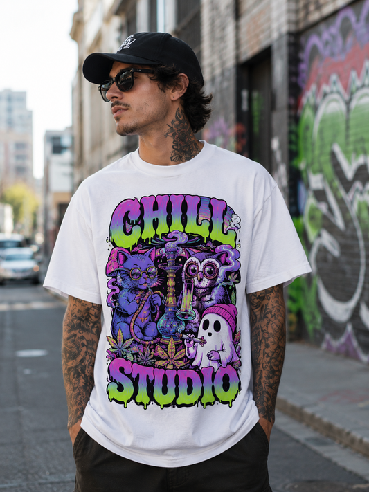 Chill Studio Trippy Cat Owl Ghost Vaporwave Tee