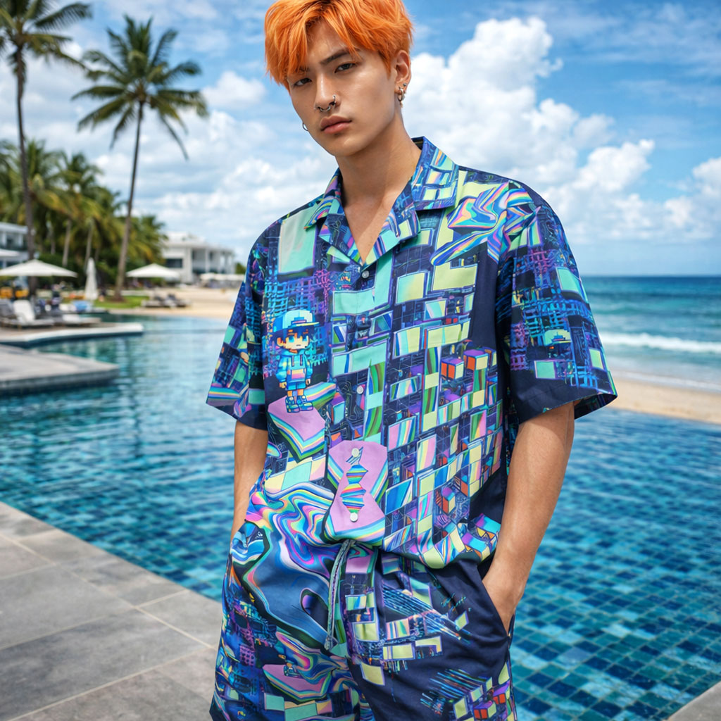 Cyber Glitch Art Summer Shirt & Shorts Set