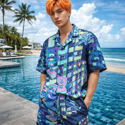 Cyber Glitch Art Summer Shirt & Shorts Set