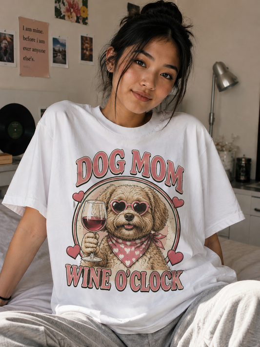 Dog Mom Wine O'Clock Cute Funny Graphic Tee