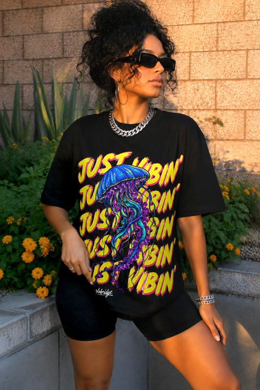 Just Vibin’ Neon Jellyfish Black Tee