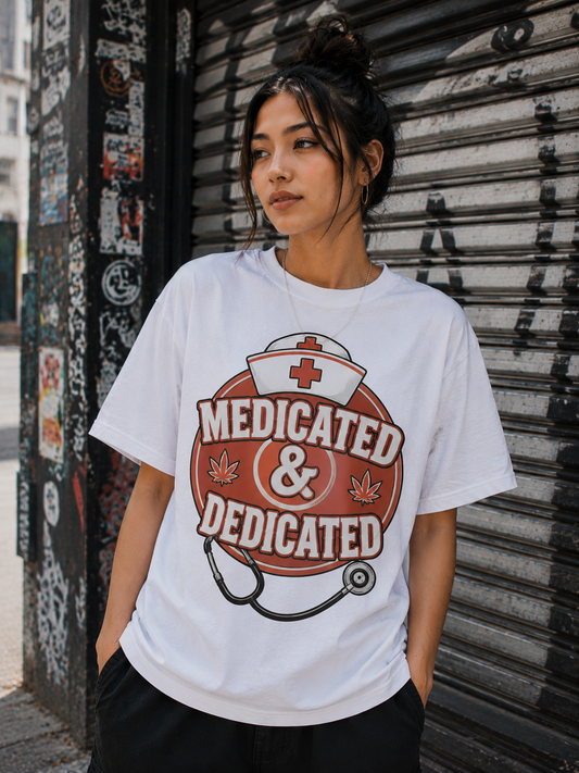Medicated & Dedicated Funny Nurse Graphic Tee