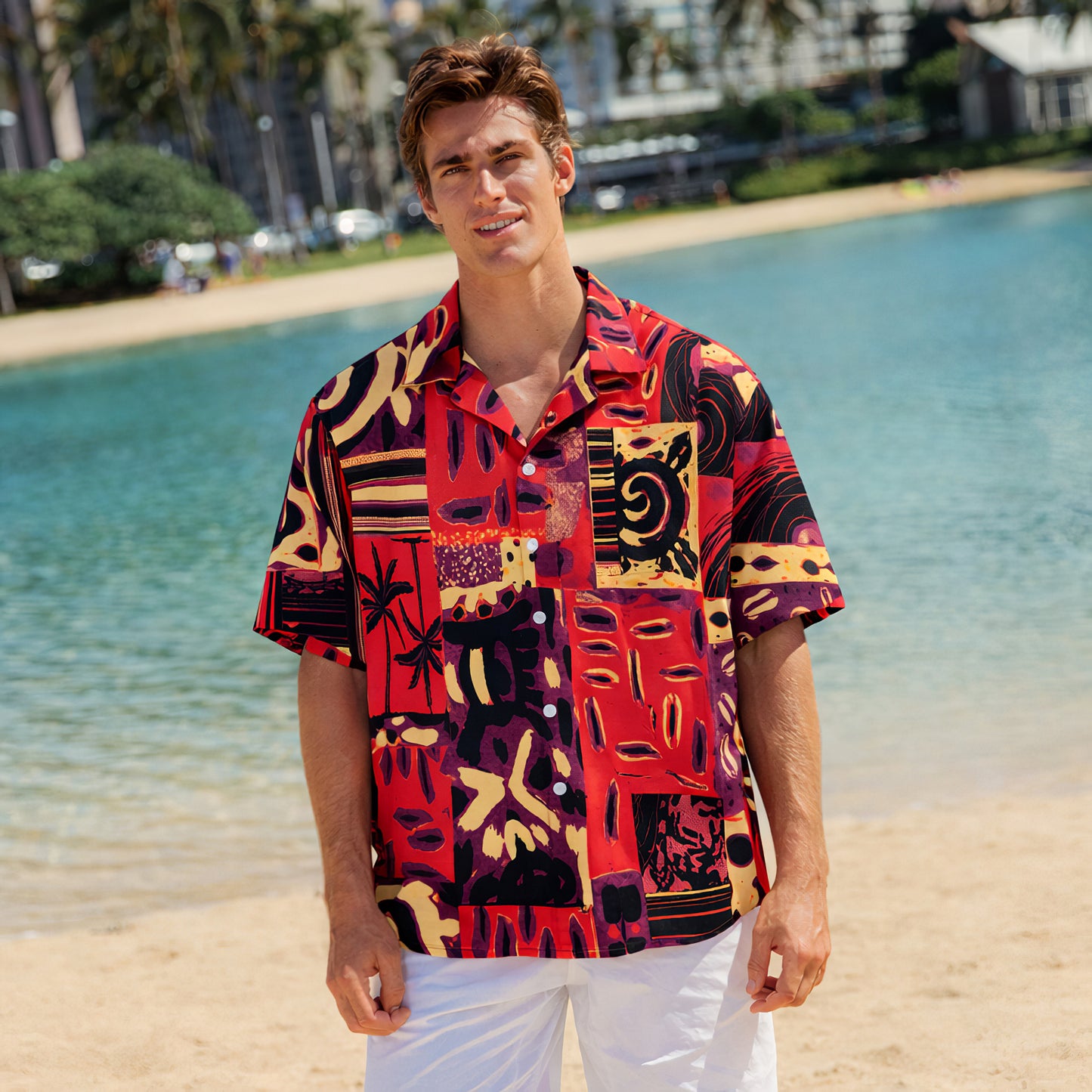 Melon Red Patchwork Statement Hawaiian Shirt