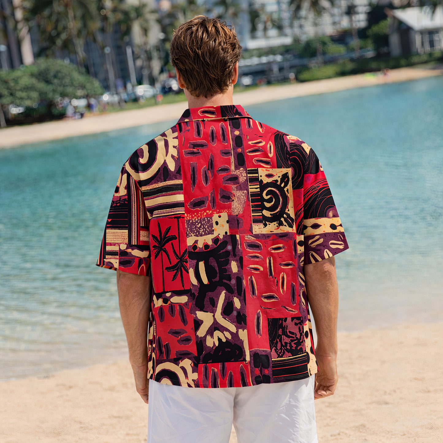 Melon Red Patchwork Statement Hawaiian Shirt