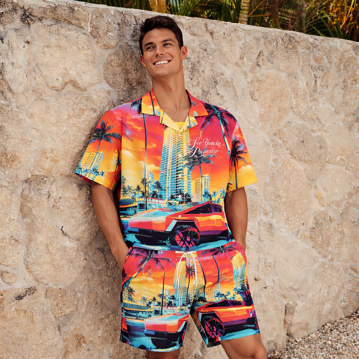 Miami Sunset Hawaiian Shirt & Shorts Set