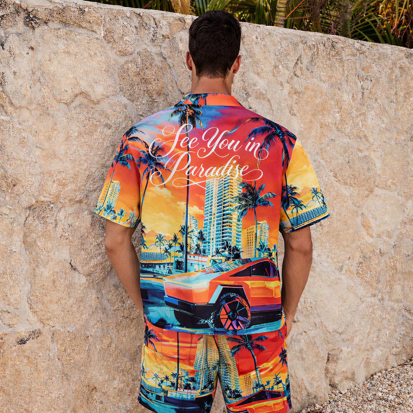 Miami Sunset Hawaiian Shirt & Shorts Set