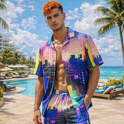 Neon Cyberpunk City Hawaiian Shirt & Shorts Set