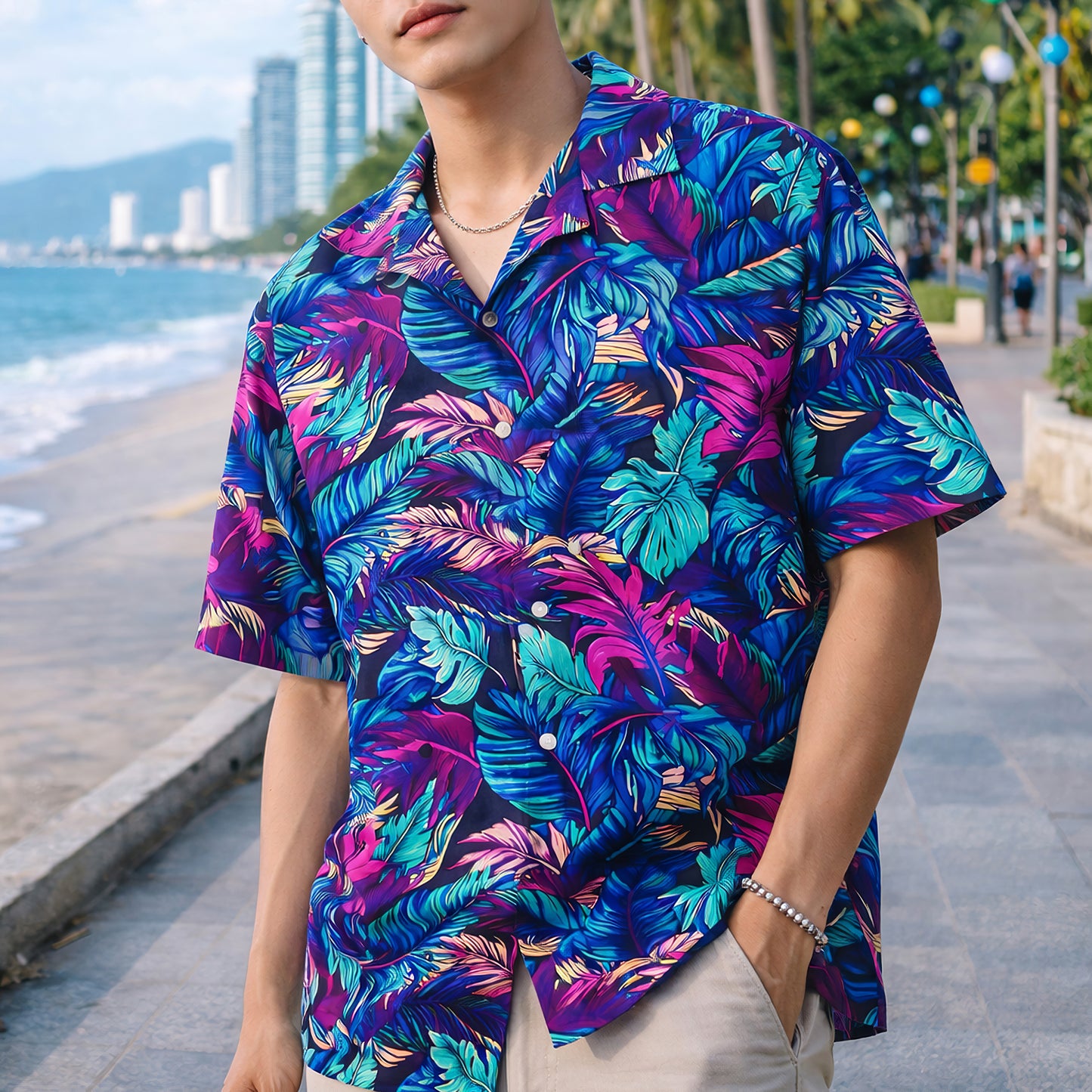 Neon Tropical Leaves Hawaiian Shirt