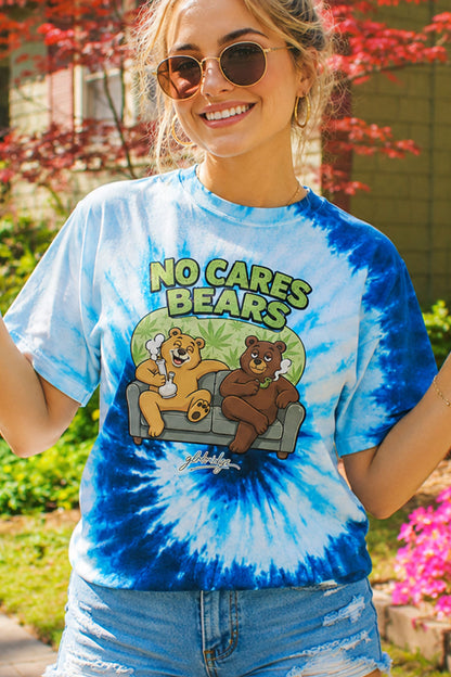 No Cares Bears Blue Tie Dye Graphic T-Shirt