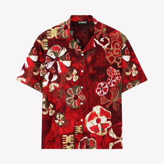 Red Batik Floral Hawaiian Shirt