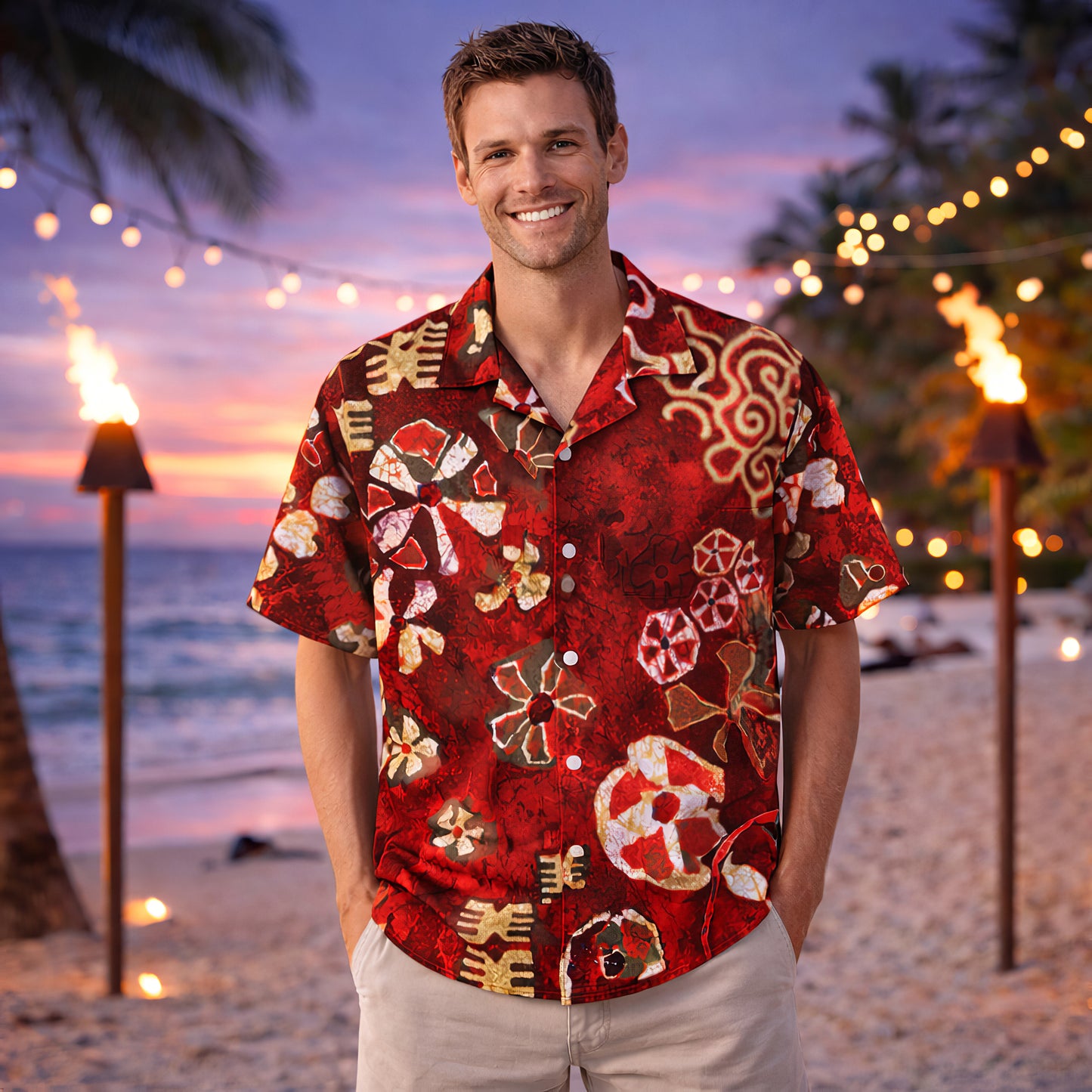 Red Batik Floral Hawaiian Shirt