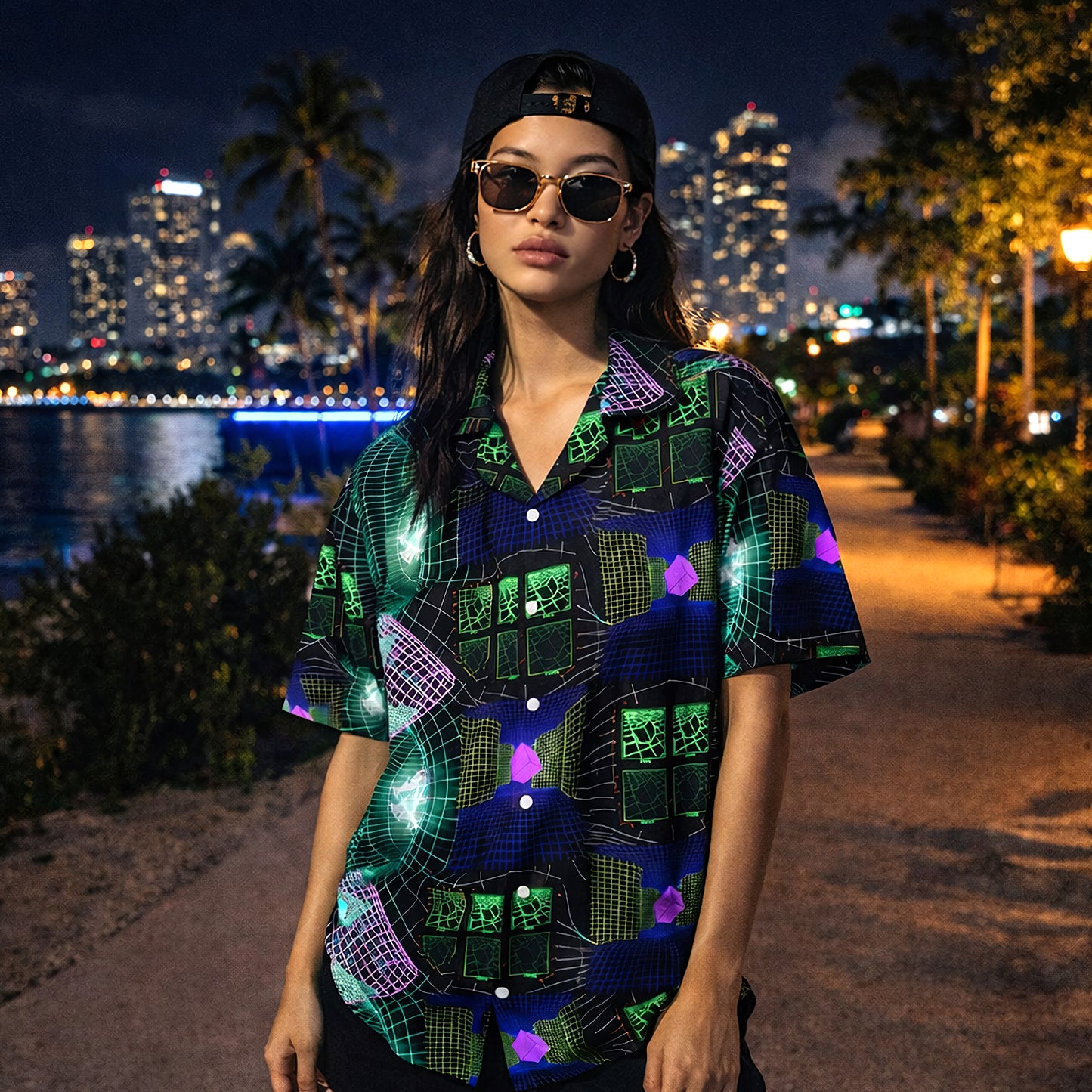 Retro Futuristic Neon Grid Hawaiian Shirt