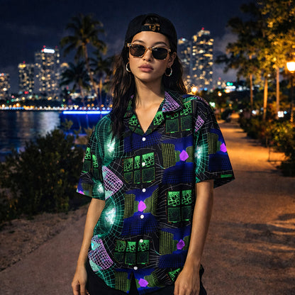 Retro Futuristic Neon Grid Hawaiian Shirt