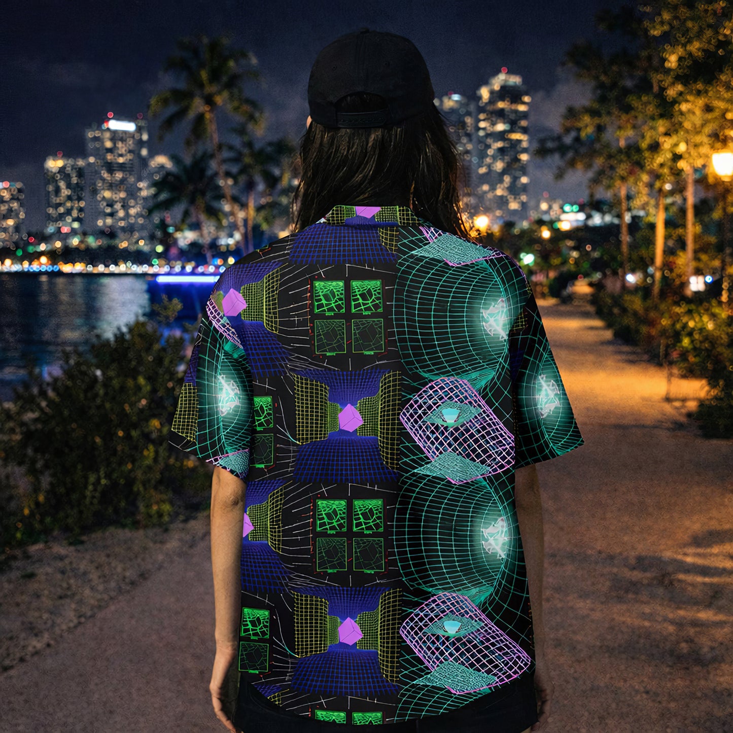 Retro Futuristic Neon Grid Hawaiian Shirt