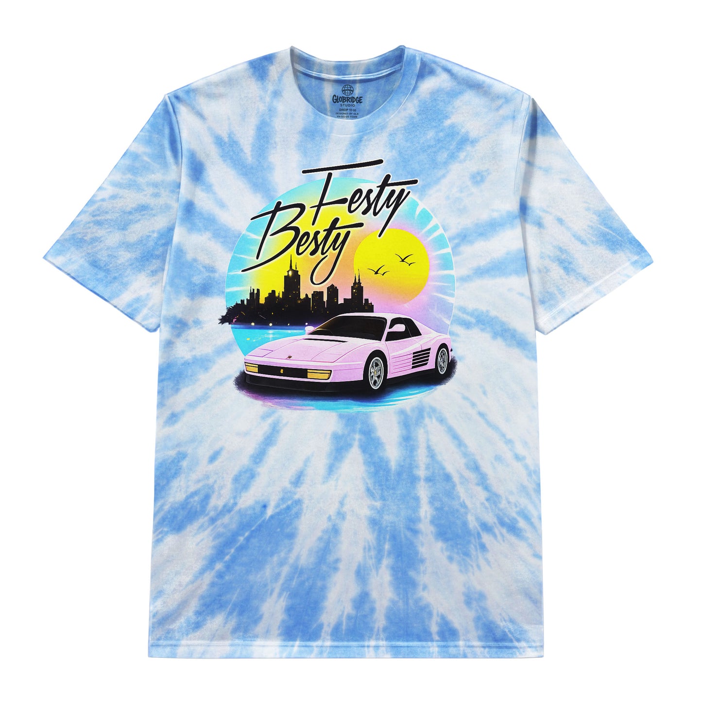 Retro Sunset Sports Car Blue Tie Dye T-Shirt