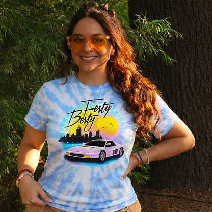 Retro Sunset Sports Car Blue Tie Dye T-Shirt