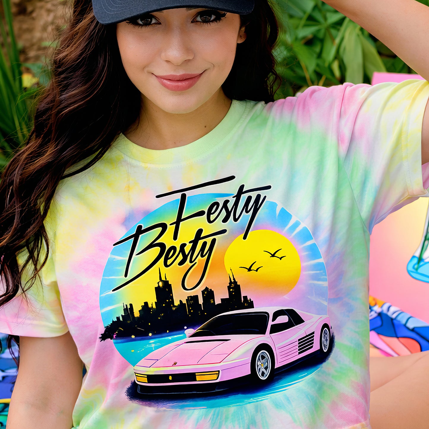 Retro Sunset Sports Car Tie Dye T-Shirt