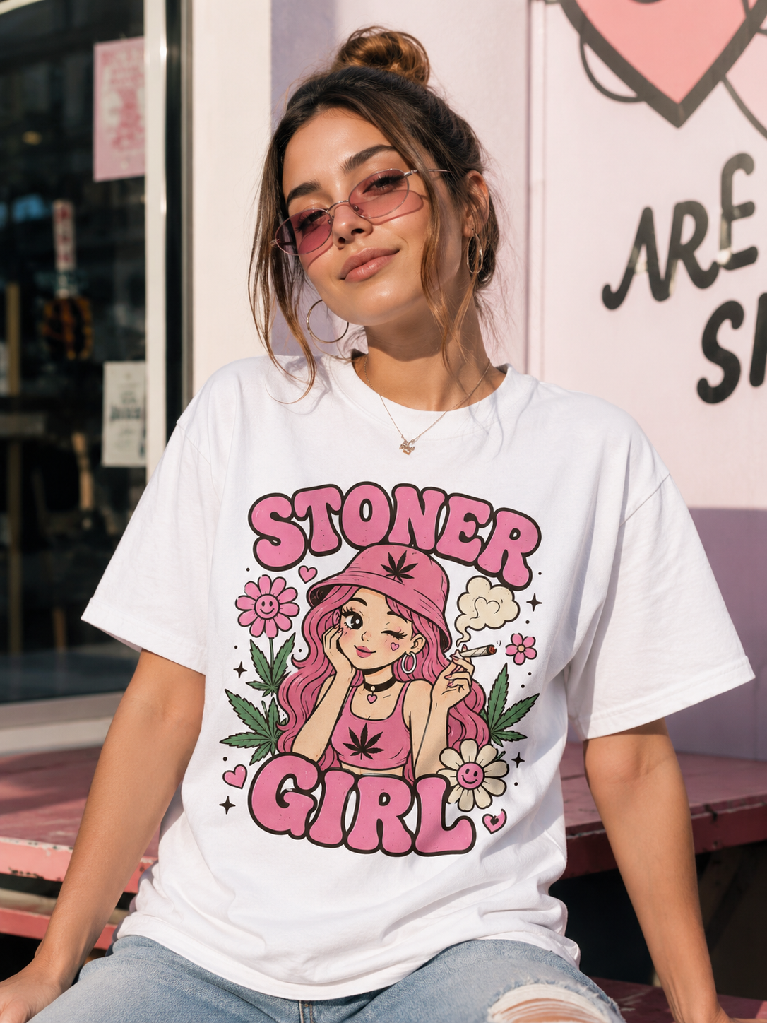 Stoner Girl Pink Kawaii Cannabis Cute Graphic Tee