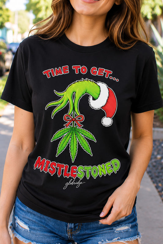 Time to Get MistleStoned Funny Christmas 420 Black Tee
