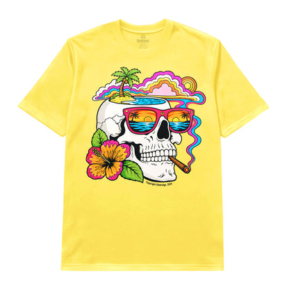 Tropical Skull Sunset Chill Yellow T-Shirt