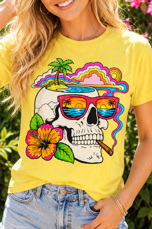 Tropical Skull Sunset Chill Yellow T-Shirt