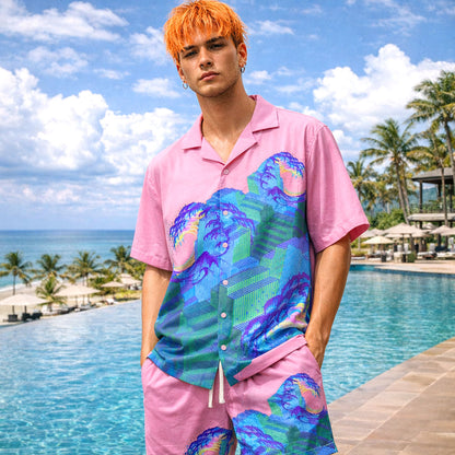 Vaporwave Ocean Wave Hawaiian Shirt & Shorts Set