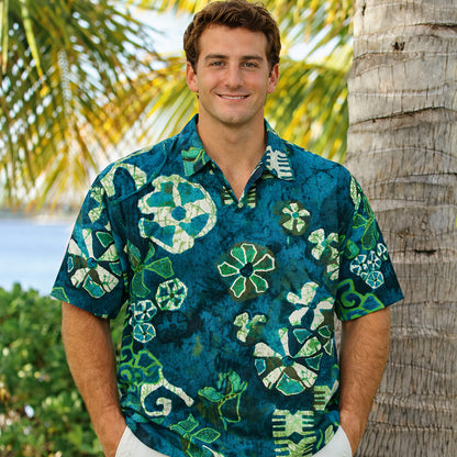 Vintage Teal Batik Hawaiian Shirt